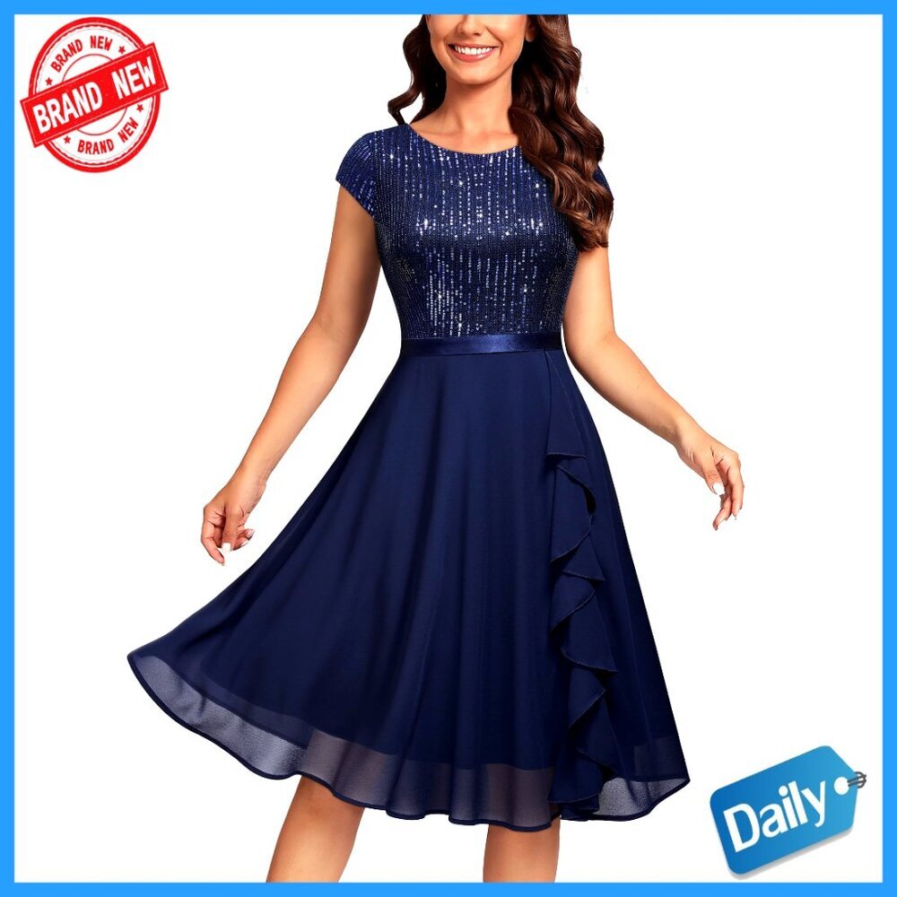 Elegant Glitter Sequin Cocktail Dress Ruffle Style A-Line Knee Length